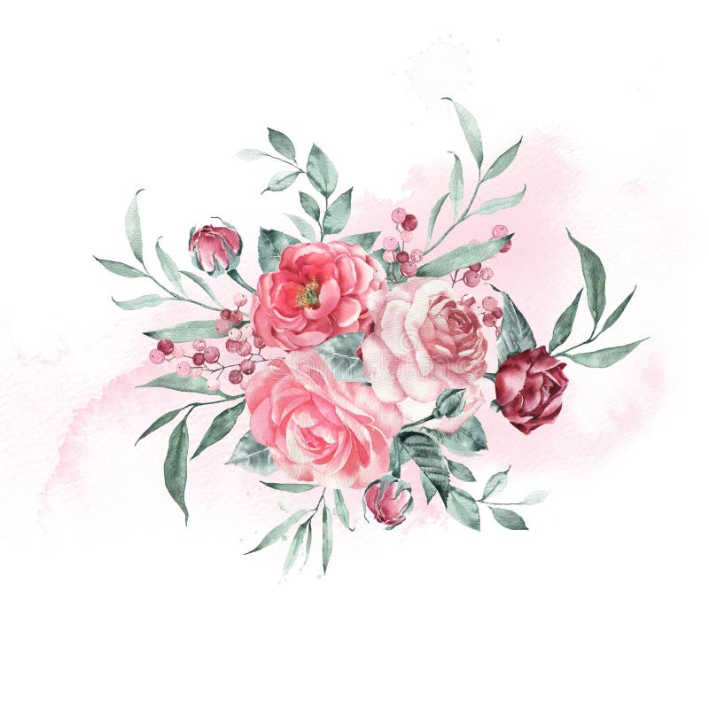 美丽花园玫瑰和牡丹花组合物. 复古水彩色. 库存例证. 插画包括有