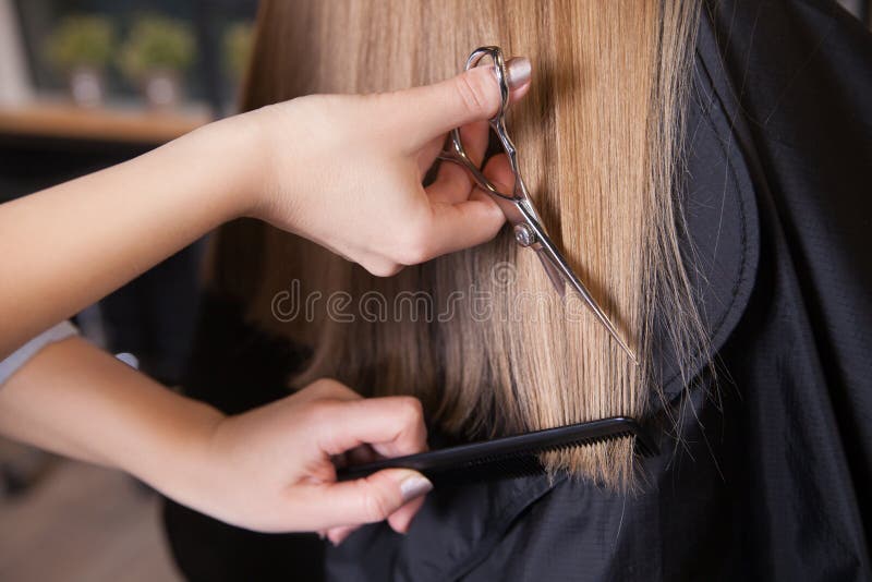 Hairdresser cut blond hair of a woman. Close-up. Hairdresser cut blond hair of a woman. Close-up.