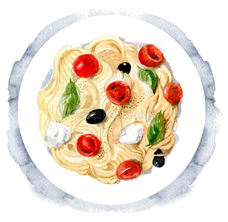 Delicious pasta with olives, mozzarella and tomatoes. Italian cuisine. The view from the top. Watercolor illustartion isolated on white background. Delicious pasta with olives, mozzarella and tomatoes. Italian cuisine. The view from the top. Watercolor illustartion isolated on white background