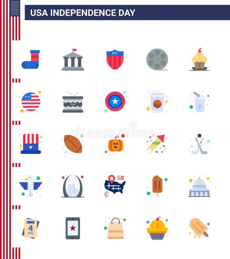 美国25日平面标志和符号的股票矢量图标包；美国；美国；视频；鼠 向量例证