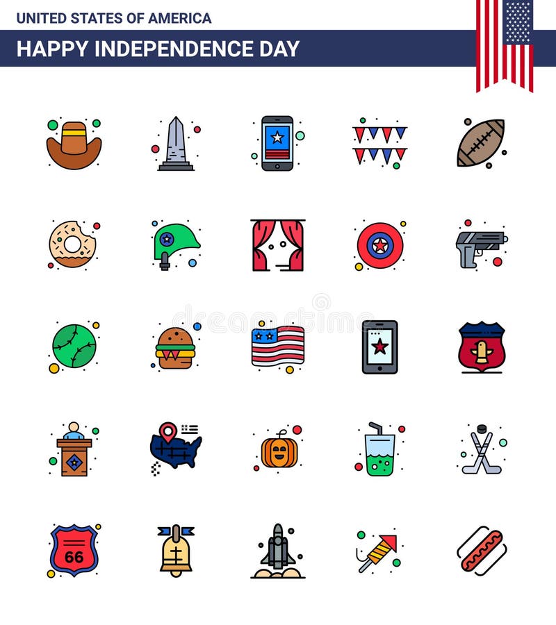 美国25日平整填充线标志和足球符号的股票矢量图图标包;纸;单元格;加兰;电话 皇族释放例证