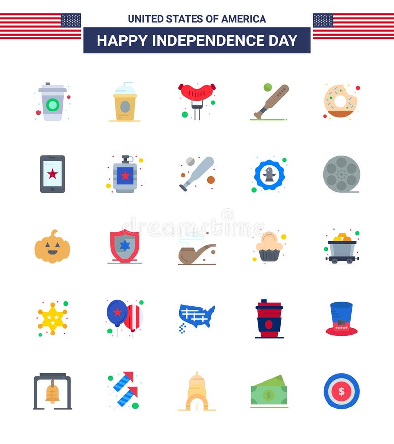 美国25日平整标志和圆符号的股票矢量图图标包;美国;食品;体育;棒球 皇族释放例证