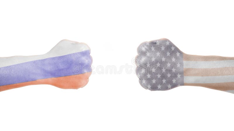 USA and Russia flags painted on two clenched fists isolated white background. USA and Russia flags painted on two clenched fists isolated white background