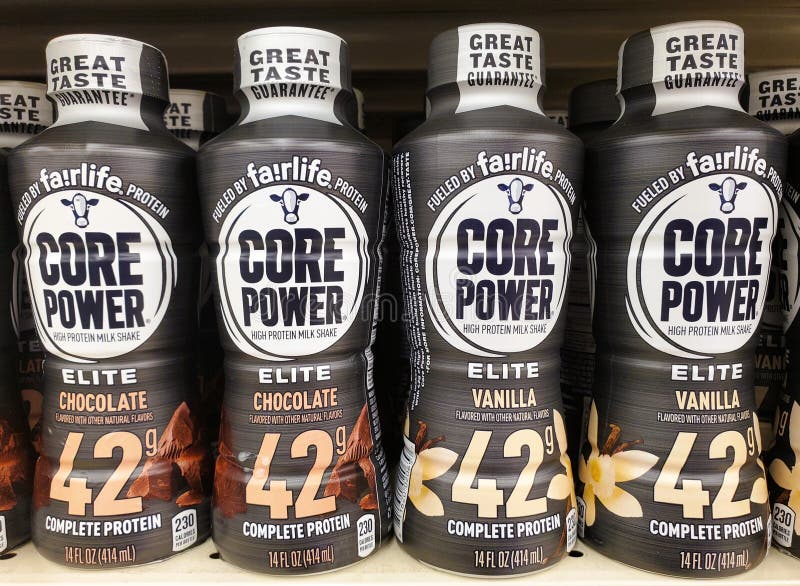 美国特拉华州2025年4月30日Core Power品牌，采用巧克力和香草口味的高蛋白奶昔 图库摄影