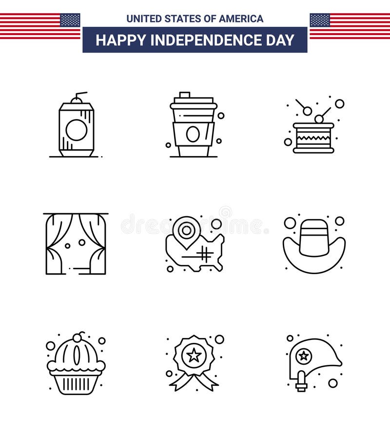 美国第9天地图线标志和符号的股票矢量图图标包；剧院；日；休闲；独立 向量例证