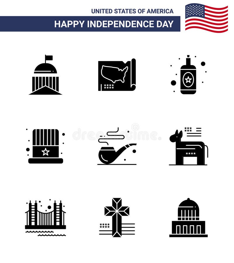 美国第9日线标志和烟雾符号的股票矢量图图标包；美国；美国；帽子；美国 库存例证