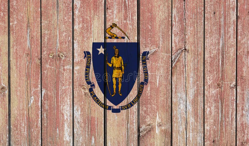 Top view of Old Painted Flag of Massachusetts state, USA on Dark Wooden Fence, wall. US patriot and travel concept. no flagpole. Plane design, layout. Flag background. Top view of Old Painted Flag of Massachusetts state, USA on Dark Wooden Fence, wall. US patriot and travel concept. no flagpole. Plane design, layout. Flag background