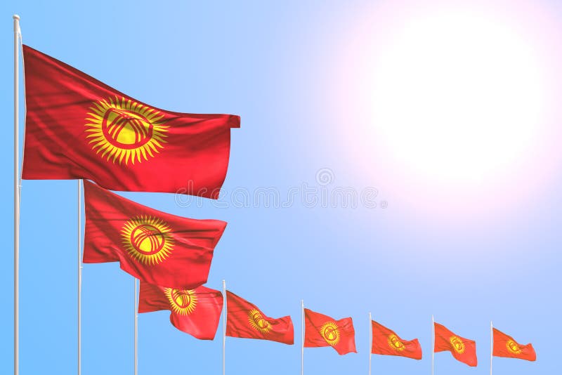 美妙任何场合旗子3d例证-许多吉尔吉斯斯坦旗子在与地方的天空蔚蓝安置了对角您的内容的 皇族释放例证 美妙任何场合旗子3d例证-许多吉尔吉斯斯坦旗子在与地方的天空蔚蓝安置了对角您的内容的 皇族释放例证