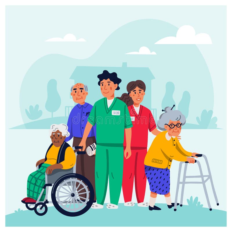 老人院概念 小组老年人和社会工作者白色背景的 资深人医疗保健