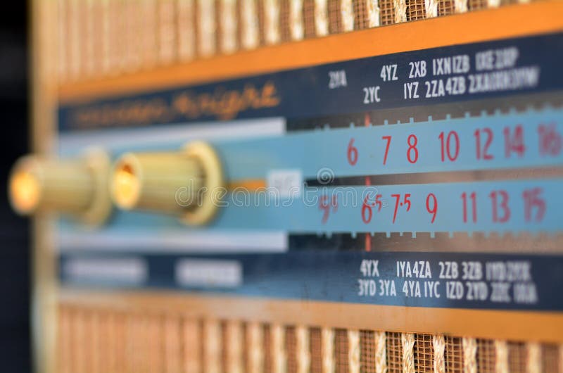 Close-up of the front of an old retro radio. Concept photo of retro music and sound. Close-up of the front of an old retro radio. Concept photo of retro music and sound