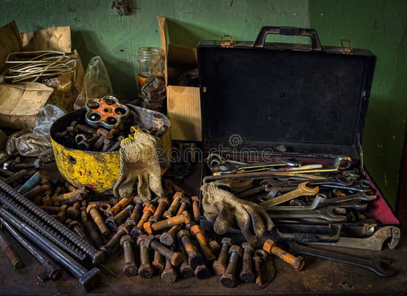 Old industrial still life. Working tools for heavy work. Hardware. Old industrial still life. Working tools for heavy work. Hardware