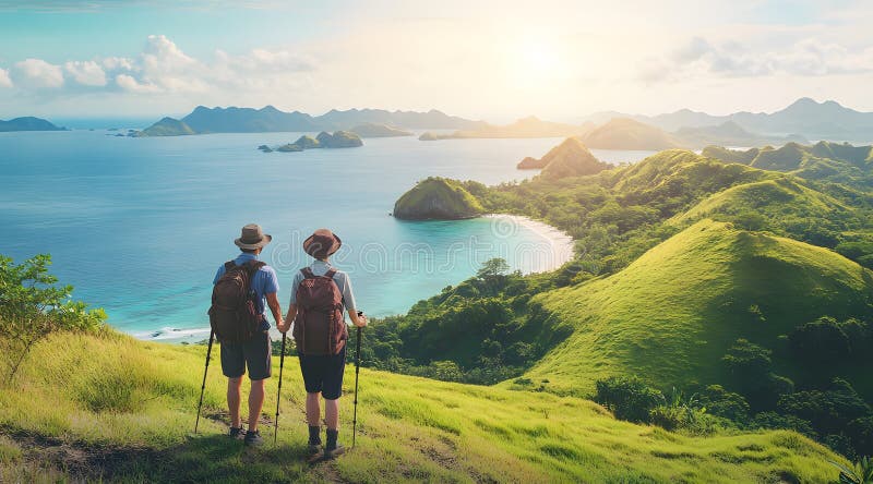 老年人用北欧行走棍旅行并下山. 海景和山脉的美丽景色 向量例证