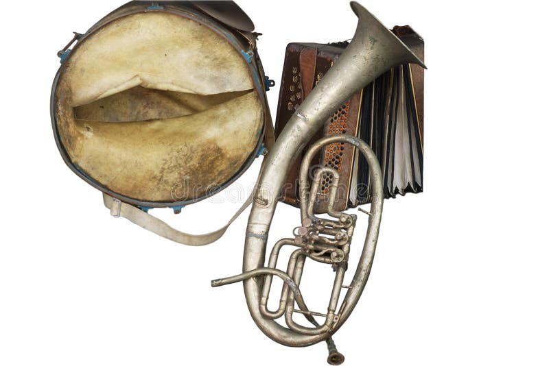 Old broken music instruments isolated. Old broken music instruments isolated