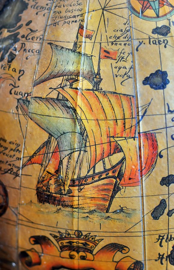 Old map with sailing ship hand painted. Old map with sailing ship hand painted