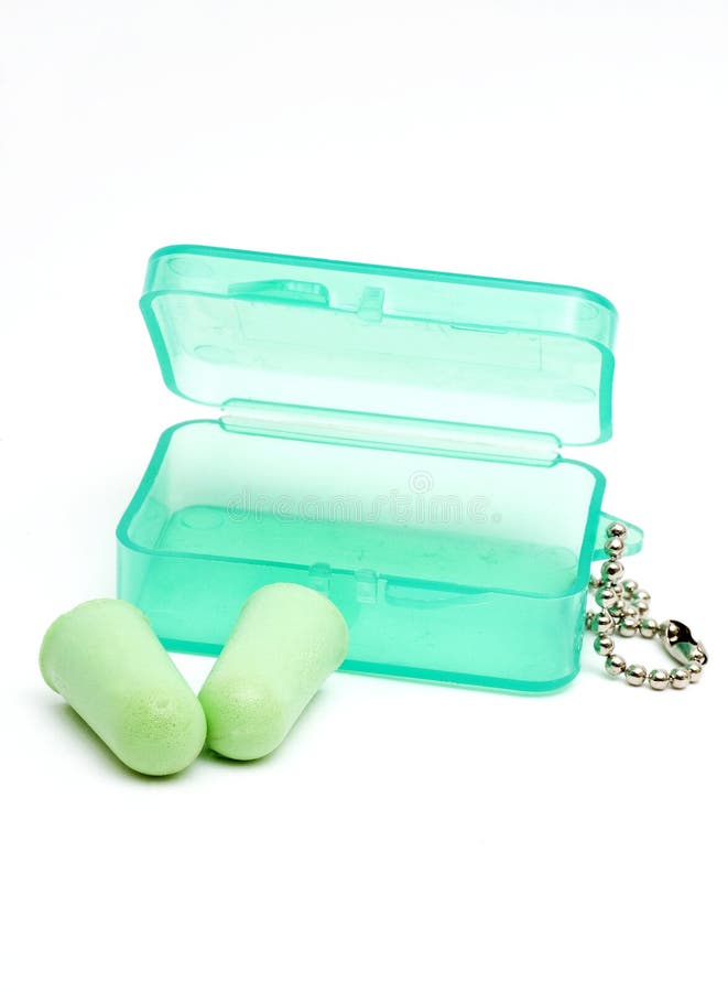 A pair of green earplugs and a matching case isolated on a white background. A pair of green earplugs and a matching case isolated on a white background.