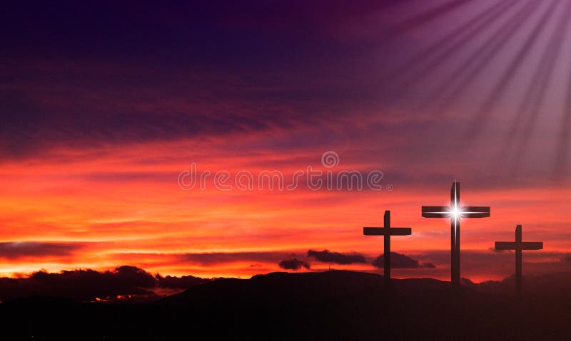 Three crosses at sunset representing the crucifixion of Jesus. Three crosses at sunset representing the crucifixion of Jesus.