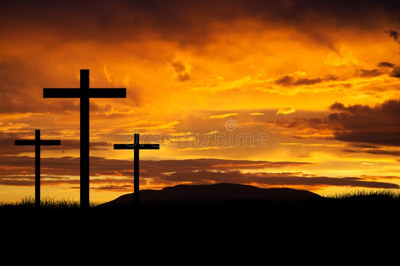 Three crosses at sunset representing the crucifixion of Jesus. Three crosses at sunset representing the crucifixion of Jesus.