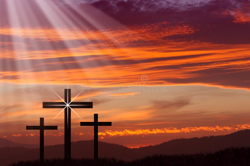 Three crosses at sunset representing the crucifixion of Jesus. Three crosses at sunset representing the crucifixion of Jesus.