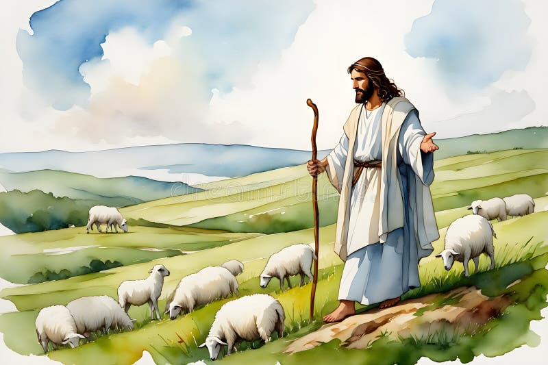 耶稣牧羊人用宁静的水彩画引导羊群库存例证. 插画包括有神圣, 山坡