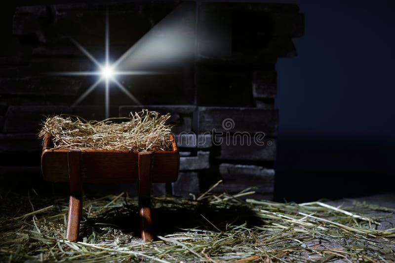 Birth of Jesus. Christmas nativity scene. Manager and star. Birth of Jesus. Christmas nativity scene. Manager and star