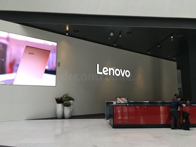 Lenovo Beijing research and design center building reception, front desk and logo. Lenovo Beijing research and design center building reception, front desk and logo