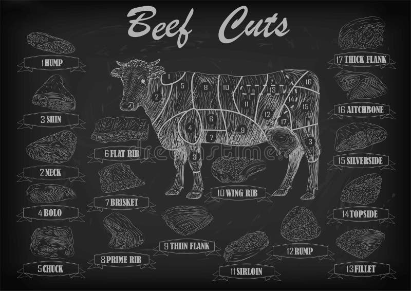 Beef cow bull whole carcass cuts cut parts infographics scheme sign signboard poster butchers guide: neck, chunk, brisket fillet rump. Vector beautiful horizontal closeup white outline black background. Beef cow bull whole carcass cuts cut parts infographics scheme sign signboard poster butchers guide: neck, chunk, brisket fillet rump. Vector beautiful horizontal closeup white outline black background