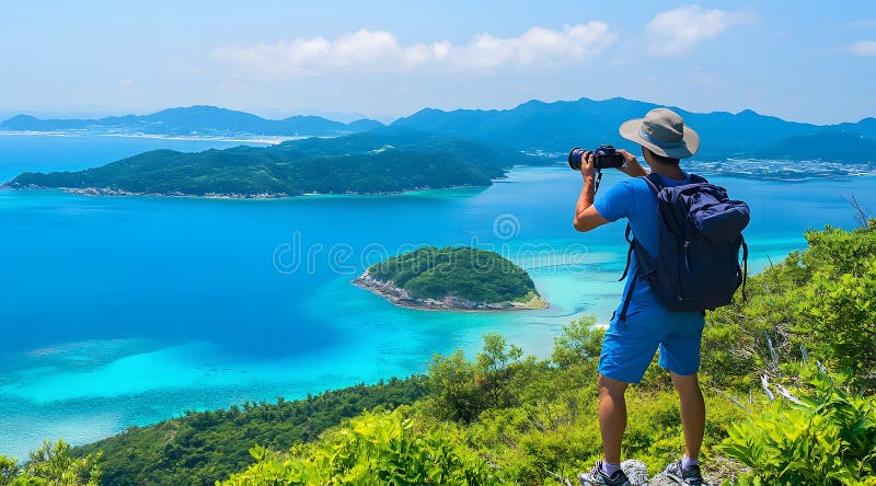 背包站在山顶,拍摄海山美景的男游客 皇族释放例证