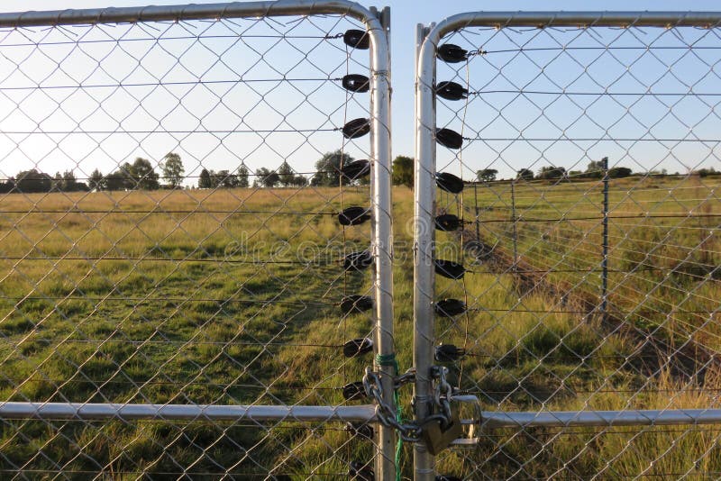 A silver electrified wire and steel farm gate with a thick silver chain around with a large bronze padlock and the background is that of green pastures under a blue sky. A silver electrified wire and steel farm gate with a thick silver chain around with a large bronze padlock and the background is that of green pastures under a blue sky