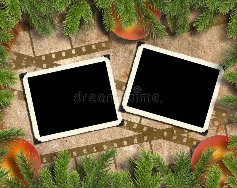 The Christmas background image with interesting texture old paper, photo-frameworks, a filmstrip and tree branches. In a retro style. The Christmas background image with interesting texture old paper, photo-frameworks, a filmstrip and tree branches. In a retro style.