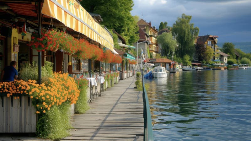 沿着一条迷人的木板路漫步，路边林立着古朴的咖啡馆和色彩缤纷的商店 免版税库存照片