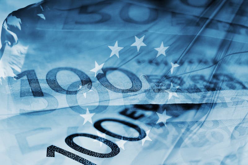 Blue background with euro bills and european union flag symbolizing euro zone. Blue background with euro bills and european union flag symbolizing euro zone