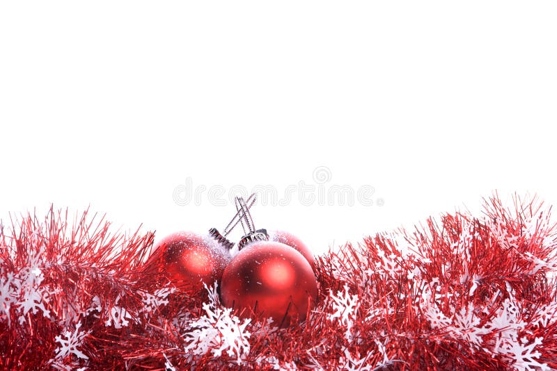 Christmas background with red ribbon and balls isolated on white background. Christmas background with red ribbon and balls isolated on white background