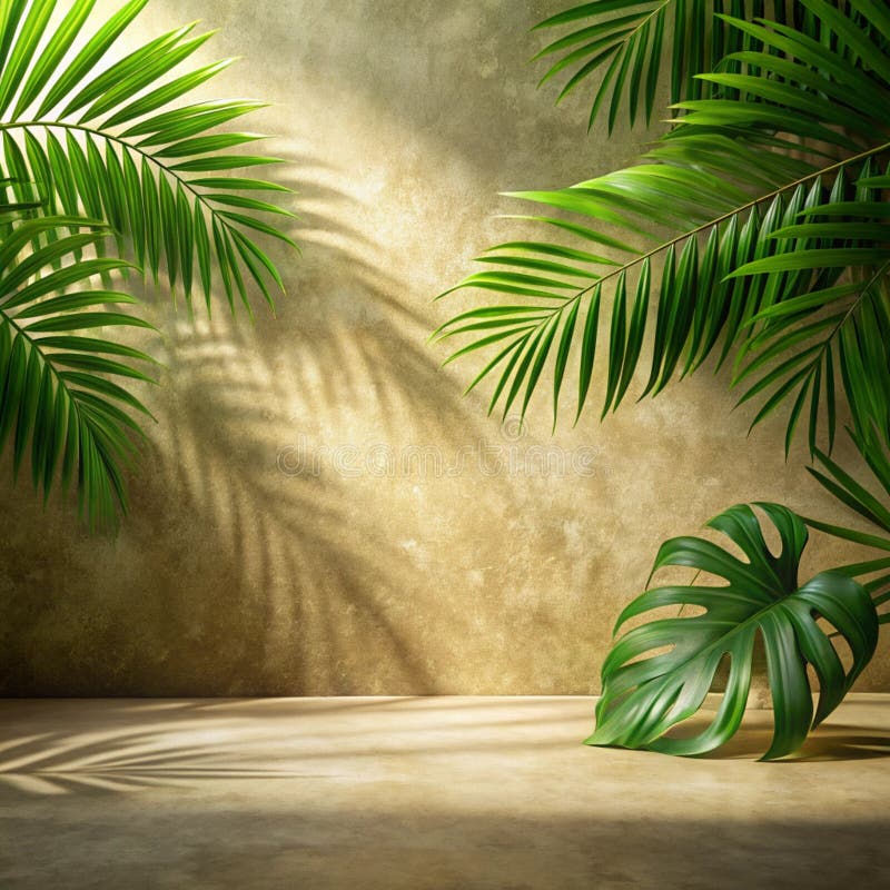 背景绿色抽象自然阴影覆盖叶自然模糊水泥墙地板米色模型产品夏季化妆品热带 皇族释放例证