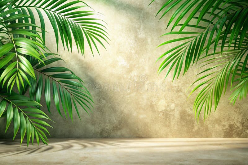 背景绿色抽象自然阴影覆盖叶自然模糊水泥墙地板米色模型产品夏季化妆品热带 皇族释放例证