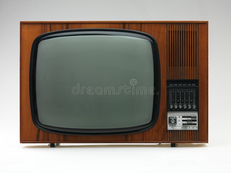 Vintage black and white tv on white background, frontal view. Vintage black and white tv on white background, frontal view