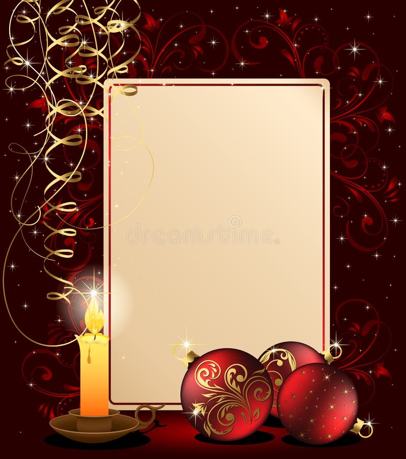 Background with candle, Christmas balls and stars, illustration. Background with candle, Christmas balls and stars, illustration