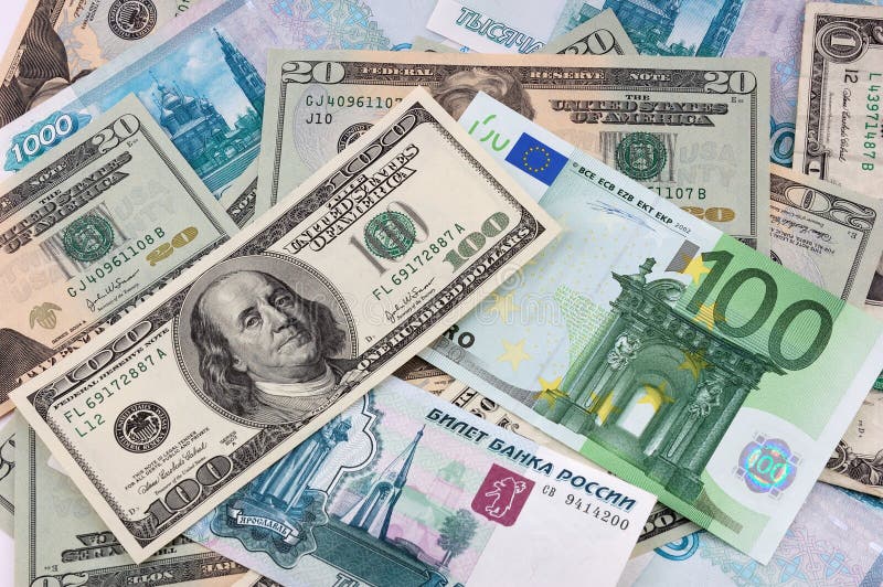 Paper currency background - dollars, European and Russian money. Paper currency background - dollars, European and Russian money