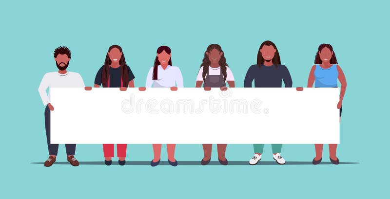 Fat overweight people group holding empty placard sign board demonstration concept obese african american men women standing together full length flat horizontal vector illustration. Fat overweight people group holding empty placard sign board demonstration concept obese african american men women standing together full length flat horizontal vector illustration