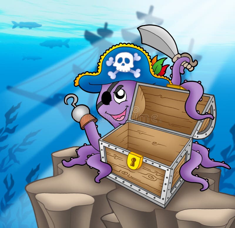 Pirate octopus with chest in sea - color illustration. Pirate octopus with chest in sea - color illustration.