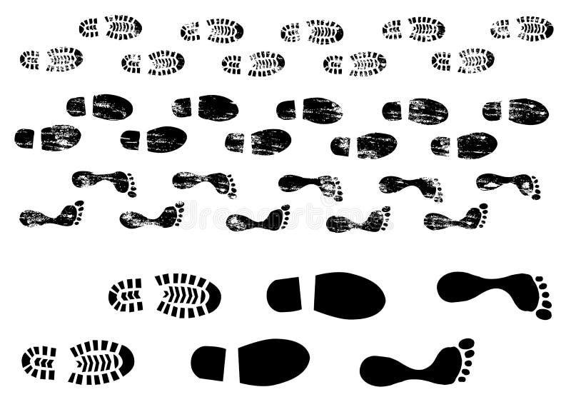 Grungy and plain silhouette foot and boot prints illustration. Grungy and plain silhouette foot and boot prints illustration