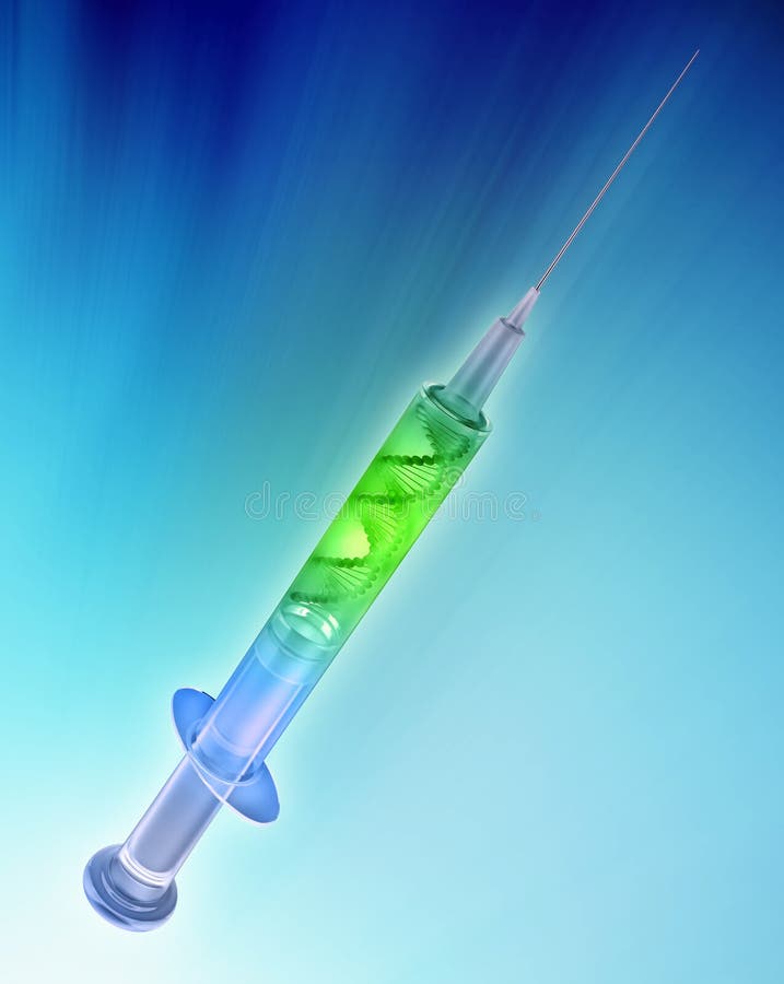 Syringe with a DNA strand - gene therapy concept. Syringe with a DNA strand - gene therapy concept