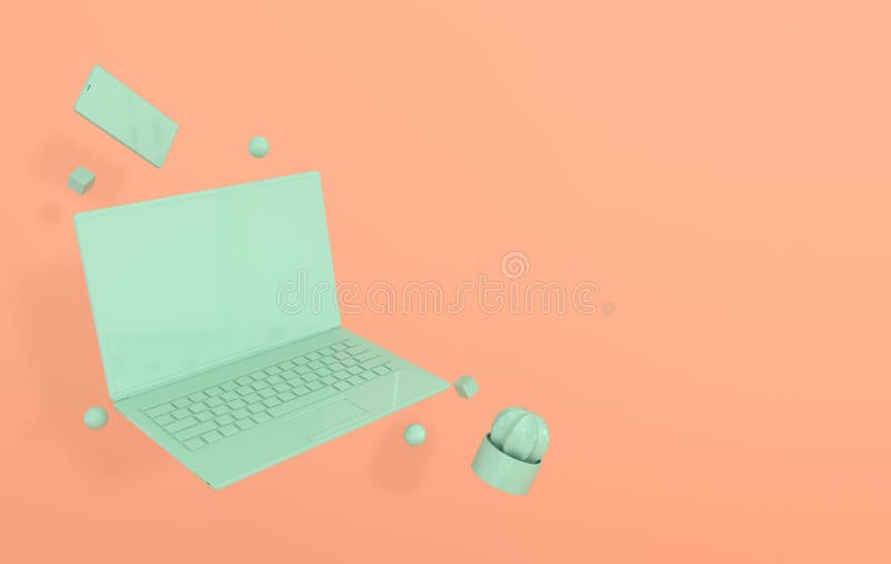 膝上型计算机、智能手机和另外几何对象大模型背景在现代最小的样式 笔记本,仙人掌3d回报 皇族释放例证 膝上型计算机、智能手机和另外几何对象大模型背景在现代最小的样式 笔记本,仙人掌3d回报 皇族释放例证