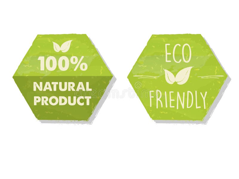 100 percent natural and eco friendly with leaf sign in green hexagons labels, bio ecology concept. 100 percent natural and eco friendly with leaf sign in green hexagons labels, bio ecology concept