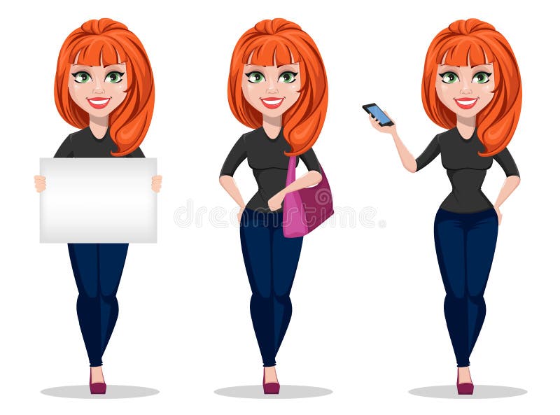 Freelancer woman cartoon character. Young beautiful businesswoman or designer in free style clothes holding placard, holding handbag and holding smartphone - stock vector. Freelancer woman cartoon character. Young beautiful businesswoman or designer in free style clothes holding placard, holding handbag and holding smartphone - stock vector