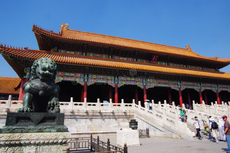 The Hall of Supreme Harmony is the largest hall within the Forbidden City. It is located at its central axis, behind the Gate of Supreme Harmony. Built above three levels of marble stone base, and surrounded by bronze incense burners, the Hall of Supreme Harmony is one of the largest wooden structures within China. It was the location where Ming Dynasty and Qing Dynasty Emperors hosted their enthronement and wedding ceremonies. The name of the Hall was changed from Feng Tian Dian to the current one by the Shunzhi Emperor of Qing Dynasty. The Hall of Supreme Harmony is the largest hall within the Forbidden City. It is located at its central axis, behind the Gate of Supreme Harmony. Built above three levels of marble stone base, and surrounded by bronze incense burners, the Hall of Supreme Harmony is one of the largest wooden structures within China. It was the location where Ming Dynasty and Qing Dynasty Emperors hosted their enthronement and wedding ceremonies. The name of the Hall was changed from Feng Tian Dian to the current one by the Shunzhi Emperor of Qing Dynasty.