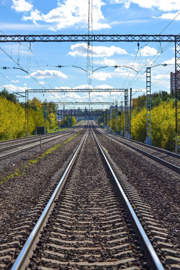 A lot of railway tracks stretching into the distance. Electrified road. Moscow region, Russia. A lot of railway tracks stretching into the distance. Electrified road. Moscow region, Russia.