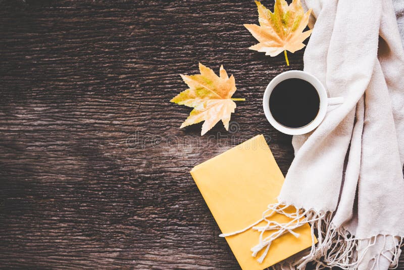 舒适冬天，杯子热的咖啡用蛋白软糖，温暖被编织的毛线衣和槭树在老木背景，葡萄酒口气