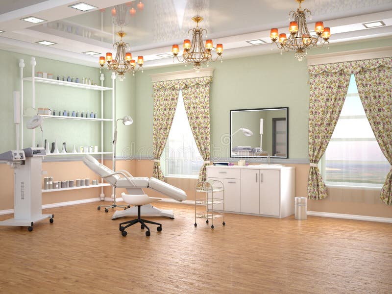 Cozy room with equipment in the clinic of dermatology and cosmetology. 3d illustration. Cozy room with equipment in the clinic of dermatology and cosmetology. 3d illustration