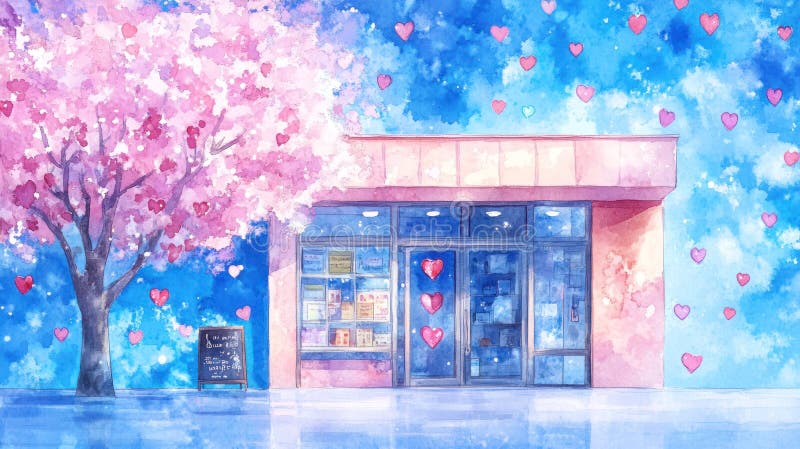 舒适小城的奇思妙趣的水彩店门与心饰艺术 — 对一个迷人小城的艺术阐释 向量例证