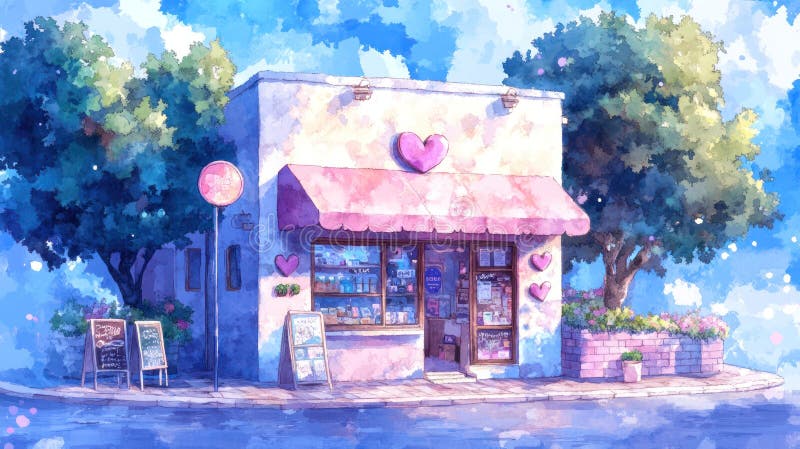 舒适小城的奇思妙趣的水彩店门与心饰艺术 — 对一个迷人小城的艺术阐释 库存例证